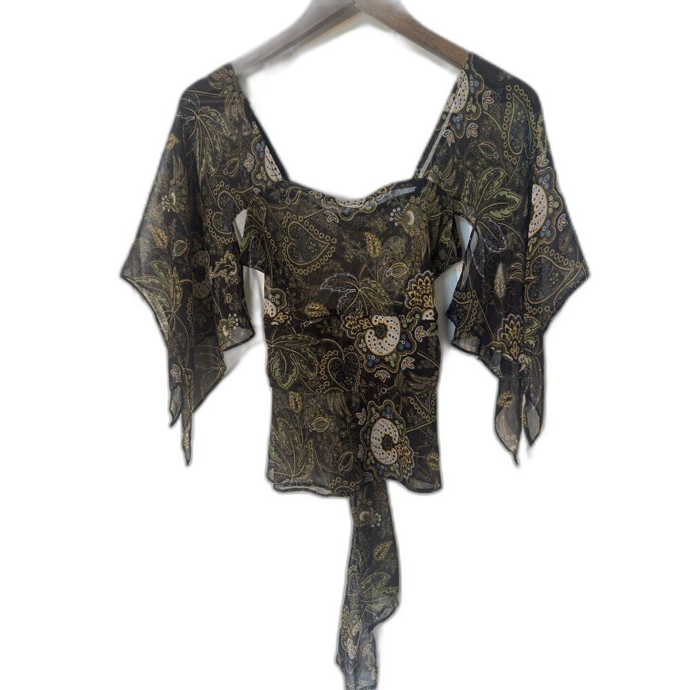 VTG Y2K Sheer Paisley Mesh Top Bell Angel Sleeve Boho Whimsigoth Fairy Grunge